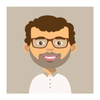 Illustration d'un homme souriant, portant des lunettes et une barbe. Il a les cheveux bruns et une chemise blanche.