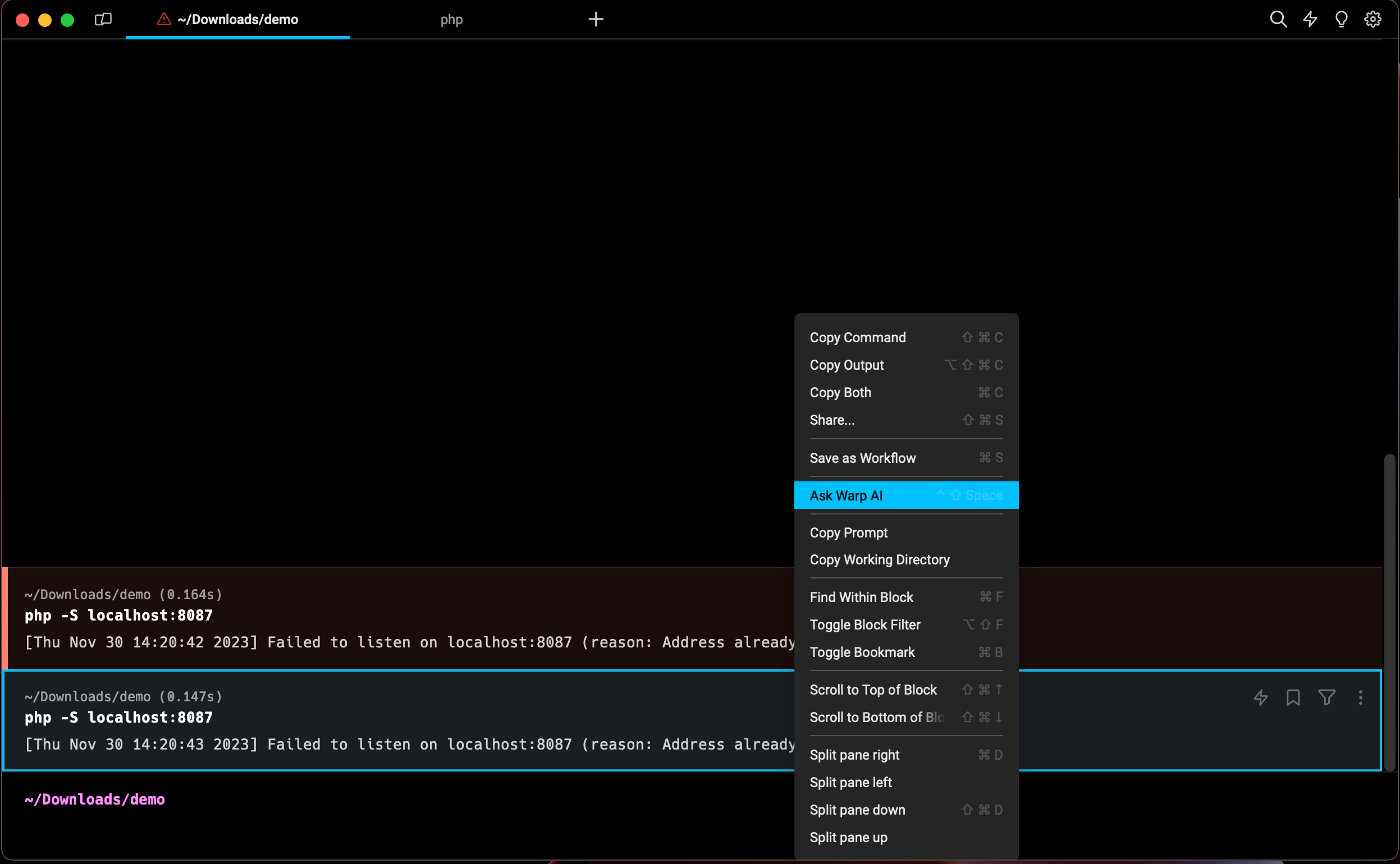 Exemple d'utilisation de Warp AI en cas d'erreur &agrave; l'execution d'une commande